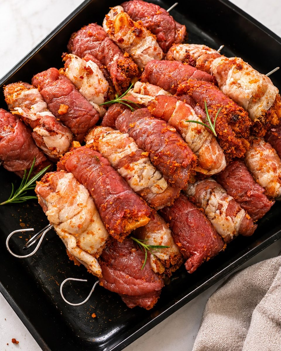 Involtini di carne infilati sugli stecconi, pronti da cuocere, in una teglia nera